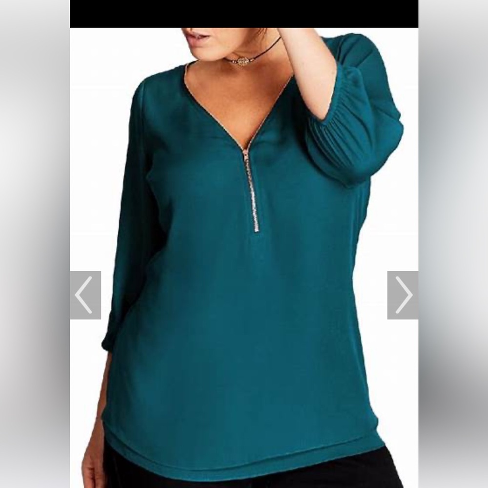 City Chic pullover pretty forest green blouse with zipper size medium.